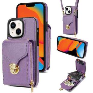 For iPhone 14 Plus Zipper Hardware Card Wallet Phone Case(Purple)