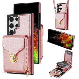 For Samsung Galaxy S22 Ultra 5G Zipper Hardware Card Wallet Phone Case(Rose Gold)