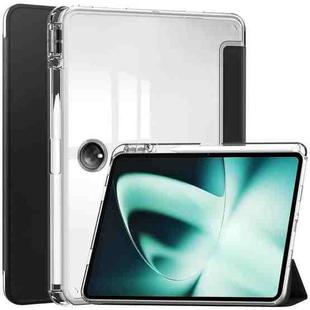 For OnePlus Pad 3-Fold Clear Back Cover Leather Smart Tablet Case(Black)