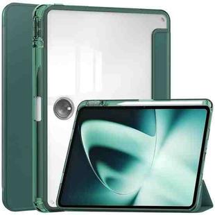 For OnePlus Pad 3-Fold Clear Back Cover Leather Smart Tablet Case(Dark Green)