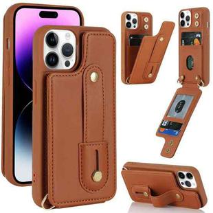 For iPhone 14 Pro Max Wristband Vertical Flip Wallet Back Cover Phone Case(Brown)