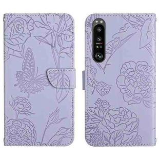 For Sony Xperia 1 V HT03 Skin Feel Butterfly Embossed Flip Leather Phone Case(Purple)