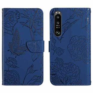 For Sony Xperia 1 V HT03 Skin Feel Butterfly Embossed Flip Leather Phone Case(Blue)