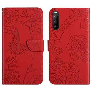 For Sony Xperia 10 V HT03 Skin Feel Butterfly Embossed Flip Leather Phone Case(Red)