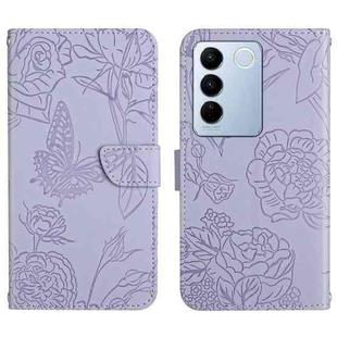 For vivo V27 HT03 Skin Feel Butterfly Embossed Flip Leather Phone Case(Purple)