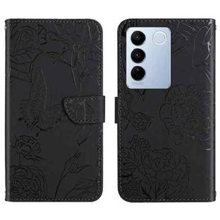 For vivo V27 HT03 Skin Feel Butterfly Embossed Flip Leather Phone Case(Black)