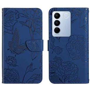 For vivo V27 HT03 Skin Feel Butterfly Embossed Flip Leather Phone Case(Blue)