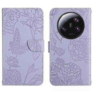 For Xiaomi 13 Ultra HT03 Skin Feel Butterfly Embossed Flip Leather Phone Case(Purple)