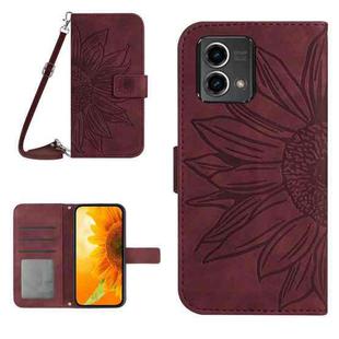 For Motorola Moto G Stylus 5G 2023 HT04 Skin Feel Sun Flower Embossed Flip Leather Phone Case with Lanyard(Wine Red)