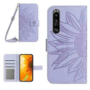 For Sony Xperia 1 V HT04 Skin Feel Sun Flower Embossed Flip Leather Phone Case with Lanyard(Purple)