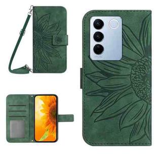 For vivo V27 HT04 Skin Feel Sun Flower Embossed Flip Leather Phone Case with Lanyard(Green)