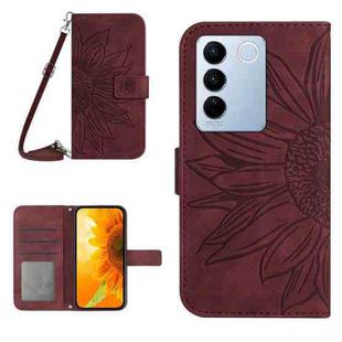 For vivo V27 HT04 Skin Feel Sun Flower Embossed Flip Leather Phone Case with Lanyard(Wine Red)