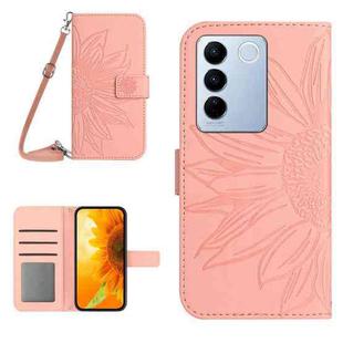 For vivo V27 HT04 Skin Feel Sun Flower Embossed Flip Leather Phone Case with Lanyard(Pink)