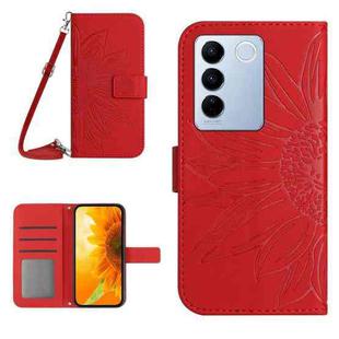 For vivo V27 HT04 Skin Feel Sun Flower Embossed Flip Leather Phone Case with Lanyard(Red)