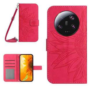 For Xiaomi 13 Ultra HT04 Skin Feel Sun Flower Embossed Flip Leather Phone Case with Lanyard(Rose Red)
