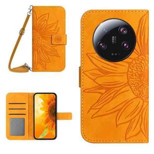 For Xiaomi 13 Ultra HT04 Skin Feel Sun Flower Embossed Flip Leather Phone Case with Lanyard(Yellow)