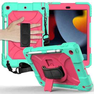 For iPad 10.2 Shockproof PC + Silicone Combination Case with Holder & Hand Strap & Shoulder Strap(Mint Green + Rose Red)