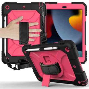For iPad 10.2 Shockproof PC + Silicone Combination Case with Holder & Hand Strap & Shoulder Strap(Black + Rose Red)