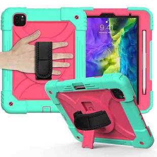 For iPad Pro 11 (2020) Shockproof  PC + Silicone Combination Tablet Case with Holder & Hand Strap & Shoulder strap(Mint Green + Rose Red)