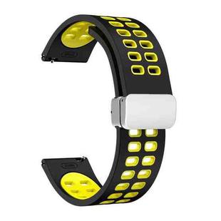 20mm Double-row Hole Folding Silver Buckle Two-color Silicone Watch Band(Black Yellow)
