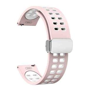 22mm Double-row Hole Folding Silver Buckle Two-color Silicone Watch Band(Pink White)