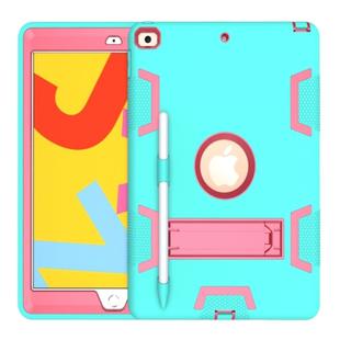 For iPad 10.2 Shockproof PC + Silicone Protective Case with Holder & Pen Slot(Mint Green + Rose Red)