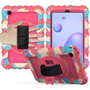 For Samsung Galaxy Tab A 8.4 (2020) 360 Degree Rotation PC + Silicone Shockproof Protective Case with Holder & Hand Strap & Neck Strap(Black + Rose Red)
