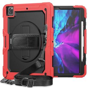 For iPad Pro 12.9 (2020) Shockproof Colorful Silicone + PC Protective Tablet Case with Holder & Shoulder Strap & Hand Strap & Pen Slot(Red)