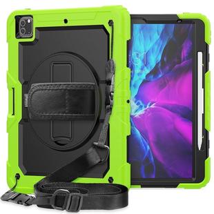 For iPad Pro 12.9 (2020) Shockproof Colorful Silicone + PC Protective Tablet Case with Holder & Shoulder Strap & Hand Strap & Pen Slot(Yellow Green)
