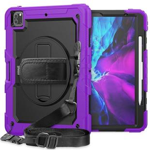 For iPad Pro 12.9 (2020) Shockproof Colorful Silicone + PC Protective Tablet Case with Holder & Shoulder Strap & Hand Strap & Pen Slot(Purple)