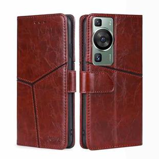 For Huawei P60 / P60 Pro Geometric Stitching Flip Leather Phone Case(Dark Brown)