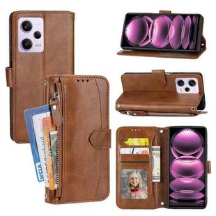For Redmi Note 12 5G Global Oil Skin Zipper Wallet Leather Phone Case(Brown)