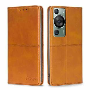 For Huawei P60 / P60 Pro Cow Texture Magnetic Horizontal Flip Leather Phone Case(Light Brown)