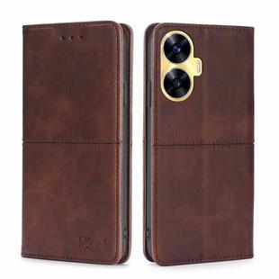 For Realme C55 4G Cow Texture Magnetic Horizontal Flip Leather Phone Case(Dark Brown)