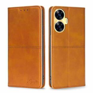 For Realme C55 4G Cow Texture Magnetic Horizontal Flip Leather Phone Case(Light Brown)