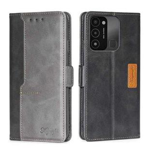 For Tecno Spark 8C Contrast Color Side Buckle Leather Phone Case(Black + Grey)