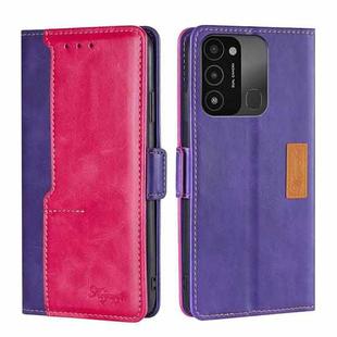 For Tecno Spark 8C Contrast Color Side Buckle Leather Phone Case(Purple + Rose Red)