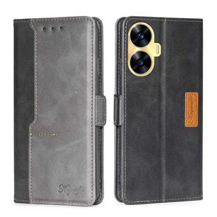 For Realme C55 Contrast Color Side Buckle Leather Phone Case(Black + Grey)