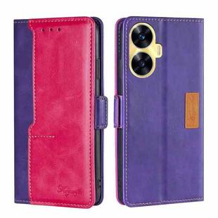 For Realme C55 Contrast Color Side Buckle Leather Phone Case(Purple + Rose Red)