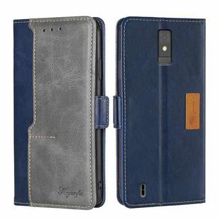 For ZTE Blade A32 Contrast Color Side Buckle Leather Phone Case(Blue + Grey)