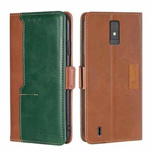 For ZTE Blade A32 Contrast Color Side Buckle Leather Phone Case(Light Brown + Green)