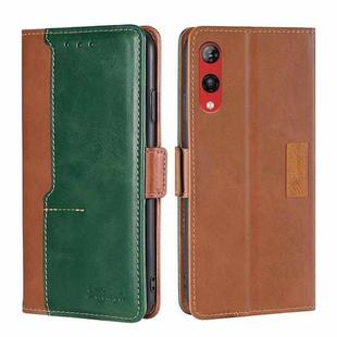 For Rakuten Hand 4G Contrast Color Side Buckle Leather Phone Case(Light Brown + Green)
