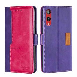 For Rakuten Hand 4G Contrast Color Side Buckle Leather Phone Case(Purple + Rose Red)