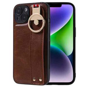 For iPhone 14 Plus Wristband Leather Back Phone Case(Brown)