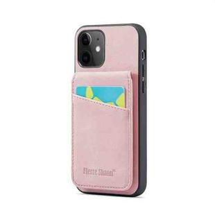 For iPhone 12 / 12 Pro Fierre Shann Crazy Horse Card Holder Back Cover PU Phone Case(Pink)