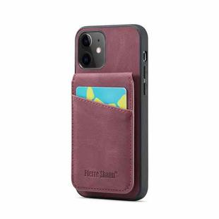 For iPhone 12 / 12 Pro Fierre Shann Crazy Horse Card Holder Back Cover PU Phone Case(Wine Red)