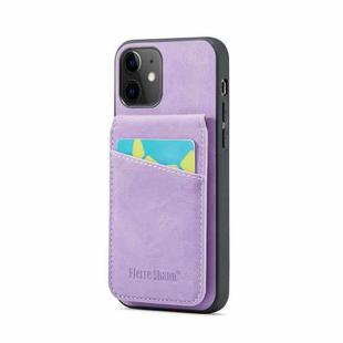 For iPhone 12 / 12 Pro Fierre Shann Crazy Horse Card Holder Back Cover PU Phone Case(Purple)