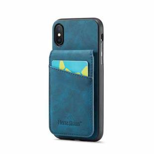 For iPhone XR Fierre Shann Crazy Horse Card Holder Back Cover PU Phone Case(Blue)