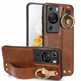 For Huawei P60 / P60 Pro Wristband Leather Back Phone Case(Brown)