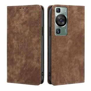 For Huawei P60 / P60 Pro RFID Anti-theft Brush Magnetic Leather Phone Case(Brown)